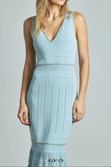 v-neck Beading knit bodycon maxi dress in pale blue