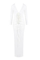 elsa V Neck Flower Ruched maxi Dress in white