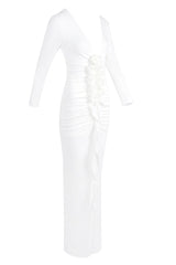 elsa V Neck Flower Ruched maxi Dress in white