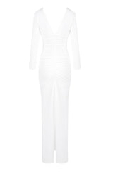 elsa V Neck Flower Ruched maxi Dress in white