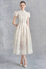 Lace hollow embroidery midi dress in apricot