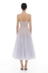 VIOLET DRAPED LACE MIDI DRESS