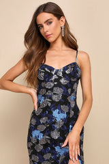 Vivid Beauty Black Floral Jacquard Sleeveless Bustier Midi Dress