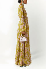 selena floral lace up puff sleeve maxi dress