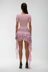 Waldek Lace Up Plunge Asymmetric Ruffle Mini Dress