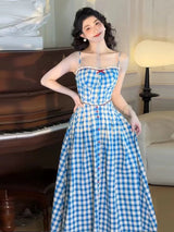 virginia plaid strap maxi dress in blue