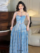 virginia plaid strap maxi dress in blue