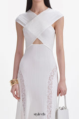 White Knit Lace Insert Midi Dress