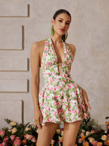 Plunge Neck Floral Mini Dress