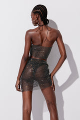 Yoko Rhinestone Mesh Halter Neck Skirt Set