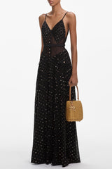 Lace Dot Belted Pleated Maxi Dress