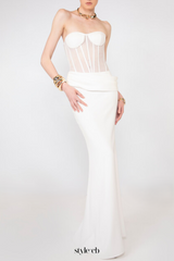 priscilla Strapless Veiled Corset Maxi Dress in white