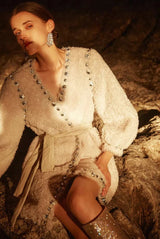 Beige V-Neck Long Sleeve Diamond Stud Coat