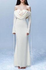 lila flower embellished pleated strapless maxi dress in white