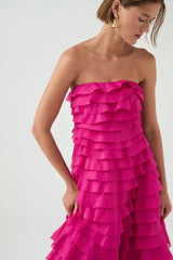 cathy Pleated layer strapless maxi dress in rose red