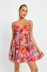 Red Multi Floral Tie Strap Mini Dress
