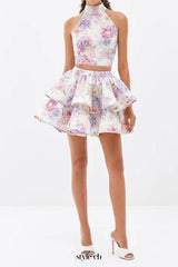 jessica printed backless halter top skirt set in pink