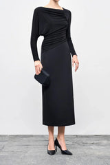 Mirabel A-line Back Slit Taffeta Midi Dress in black