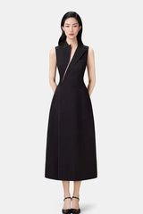 asymmetric collar blazer midi dress in black