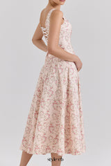 gemma Floral Cream Lace-Up Stretch Cotton Midi Dress