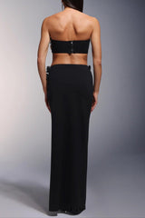 black High Slit Tassels 3d Flowers Strapless Maxi Set