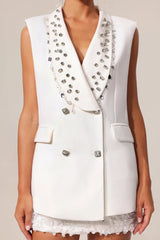 white V-Neck Sleeveless Diamond Midi Suit Top