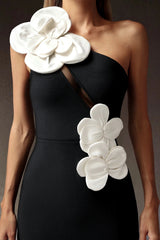 black heloise Flowers Slit One Shoulder Bandage Maxi Dress