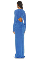 virginia blue pleated long sleeve high slit maxi dress