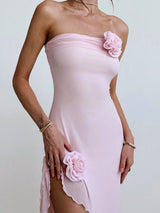 Strapless Lace Spliced Slit Bodycon Dress in pink