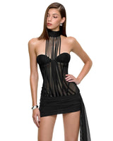 leila strapless corset mini Dress with ribbon in black
