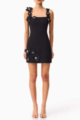 3D Flower Diamond embellished mini dress in black