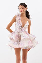helen 3D Flower Chiffon Ruffle Mini Dress in pink