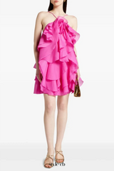 lorraine Halter Floral Ruffle Layered Mini Dress in Fuchsia