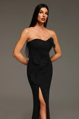 black heloise Flowers Slit strapless Bandage Maxi Dress