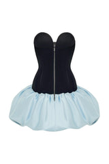 velvet corset satin mini dress in black light blue