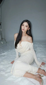 lila flower embellished pleated strapless maxi dress in white