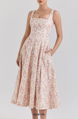 gemma Floral Cream Lace-Up Stretch Cotton Midi Dress