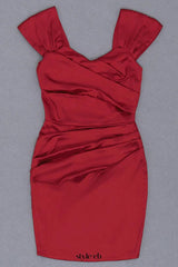 off-shoulder satin pleated mini dress in red
