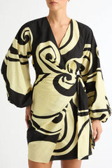 oceanic swirl v-neck puff sleeve mini dress