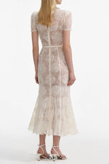 Tulle Lace Diamante Midi Dress in Beige