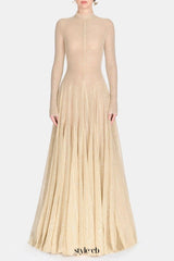 anila Beige mesh long sleeve slim maxi dress