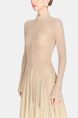 anila Beige mesh long sleeve slim maxi dress