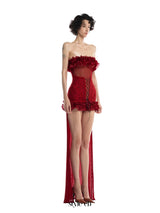 anna 3d flower lace strapless mini Dress in Red