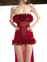 anna 3d flower lace strapless mini Dress in Red