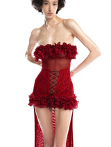 anna 3d flower lace strapless mini Dress in Red
