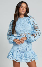Long Puff Sleeve Lace Mini Dress