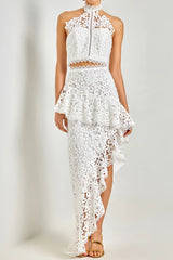 Lace sleeveless top irregular skirt set in white