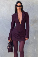 amelia v-neck ruched Blazer Mini Dress in Wine Red