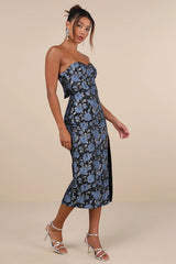 Beloved Belle Black Multi Jacquard Strapless Bow Midi Dress