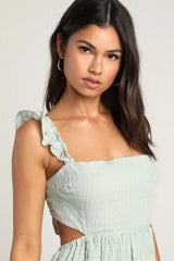 Mint Smocked Tie-Back Tiered Midi Dress